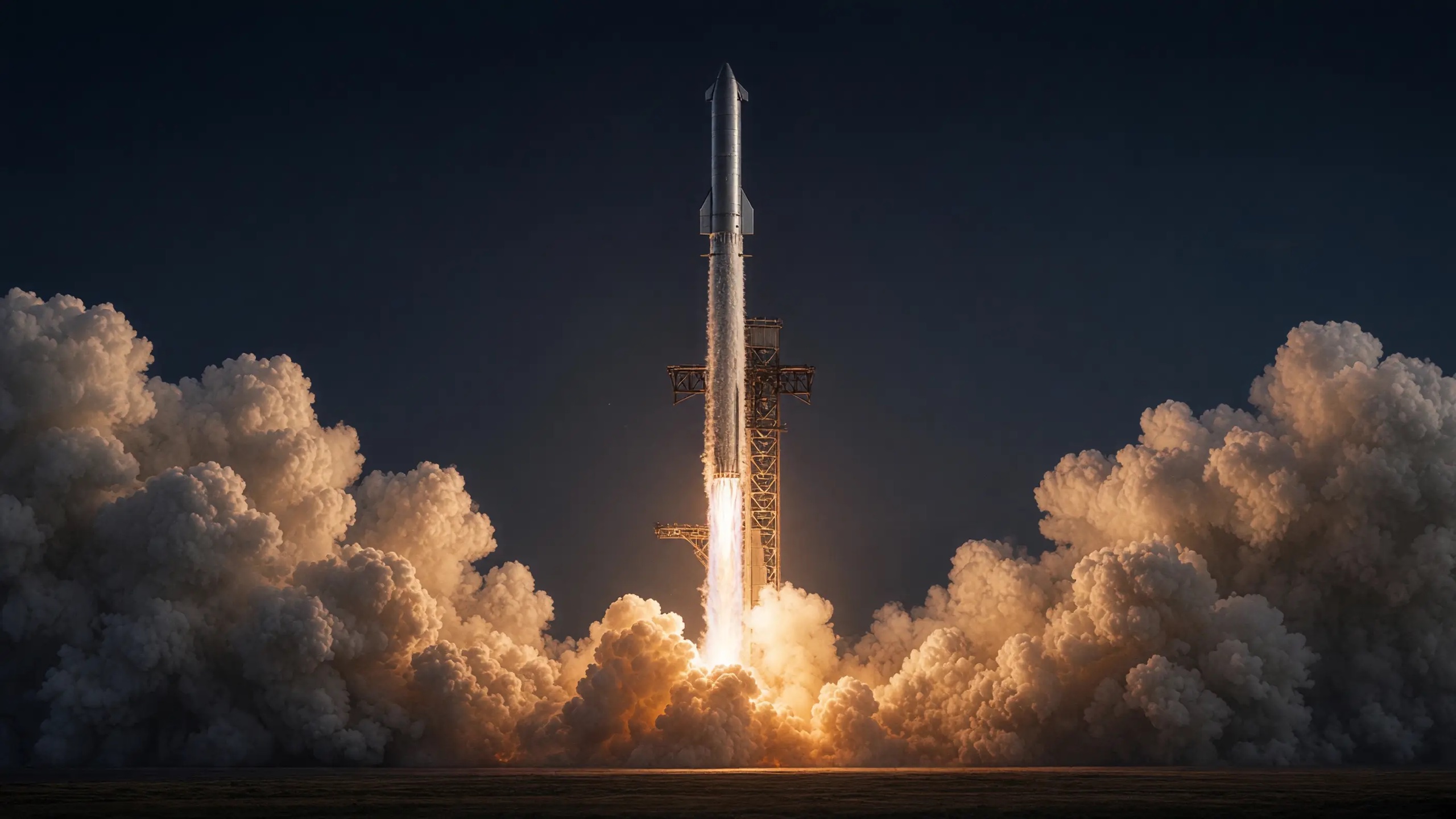 A rocket rising into a dark sky above golden clouds of smoke.