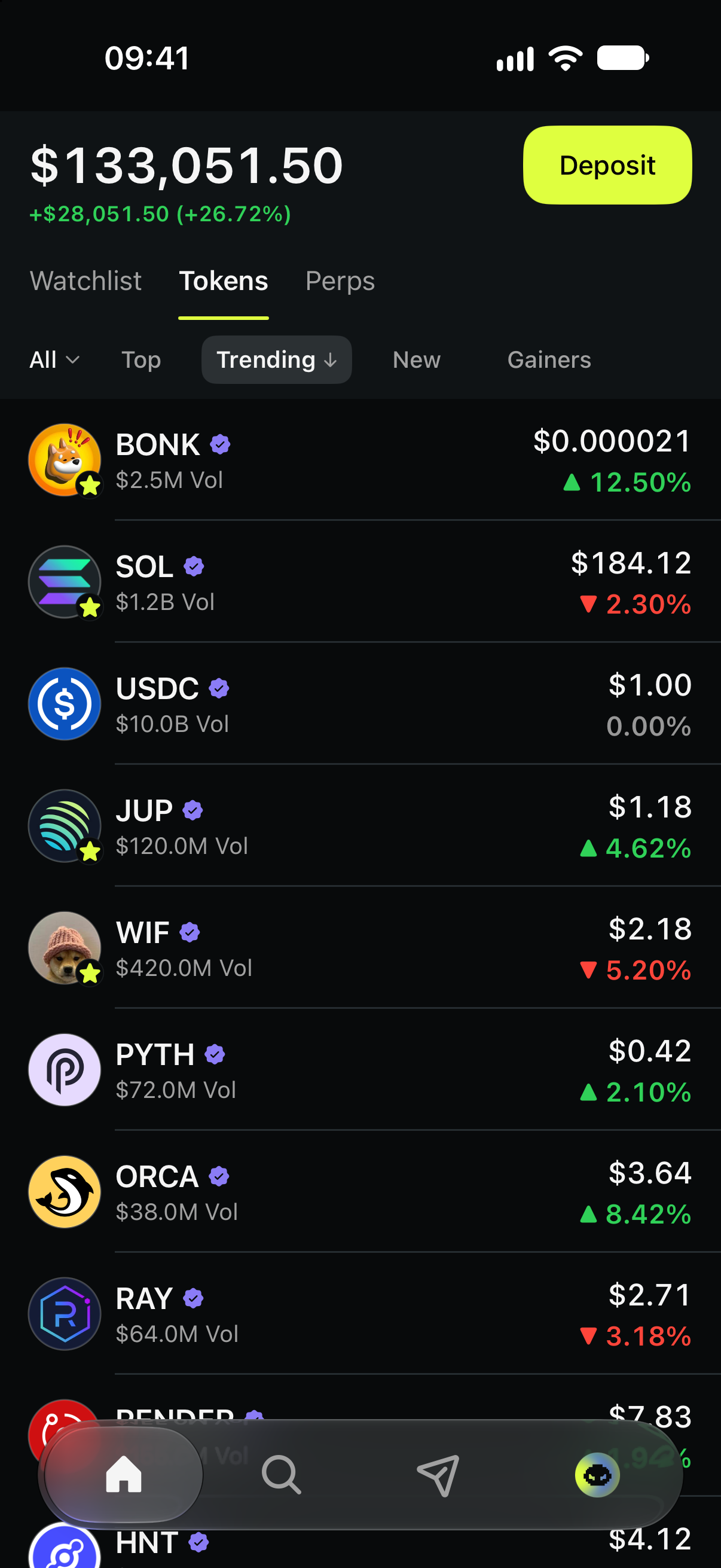 Grind Home with Watchlist, Tokens and Perps tabs and a list of trending tokens. Illustrative demo data.