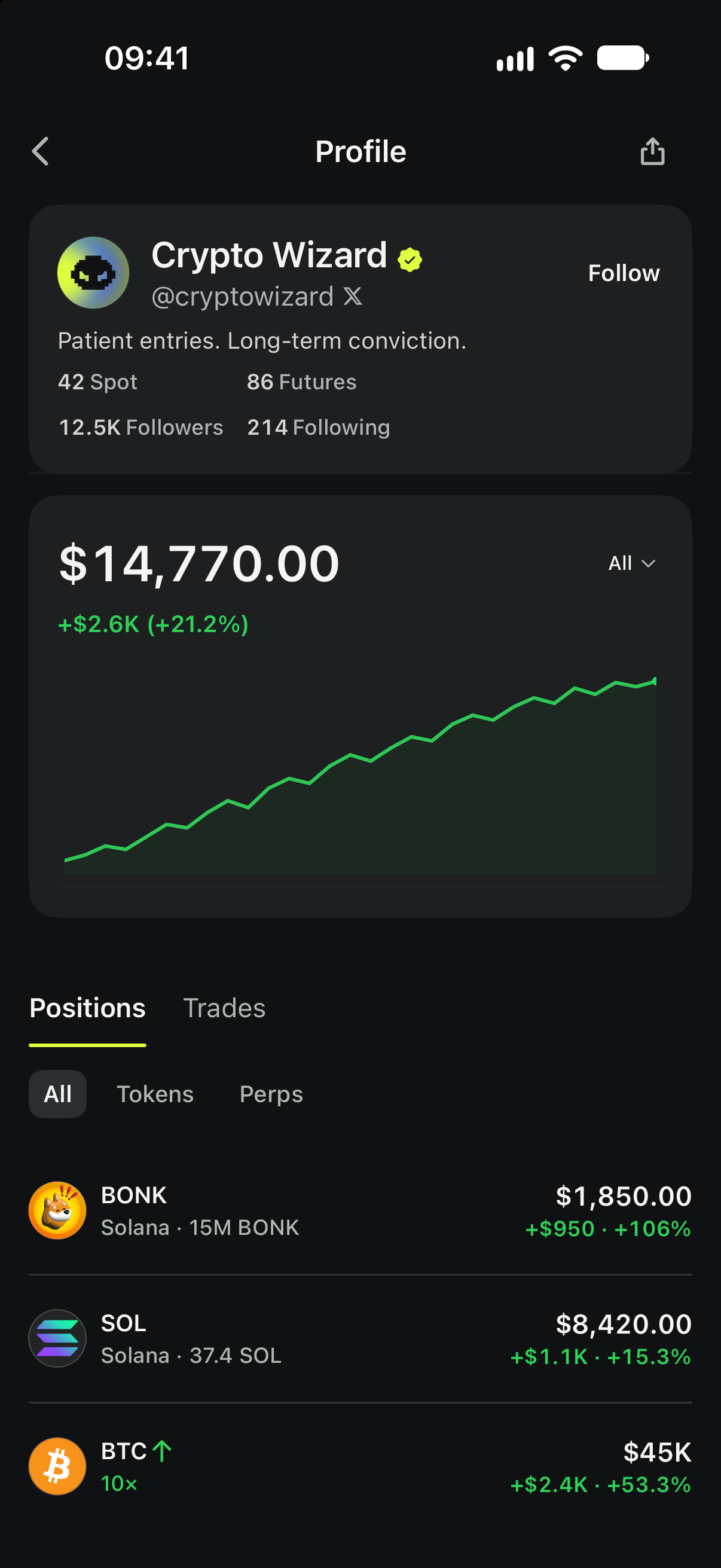 Public Grind trader profile with portfolio history and open spot and perp positions. Illustrative demo data.